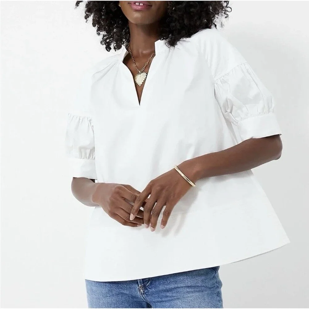 Tuckernuck Ruthie White Short Puff Sleeve V Neck Button Cuff Blouse Size Medium